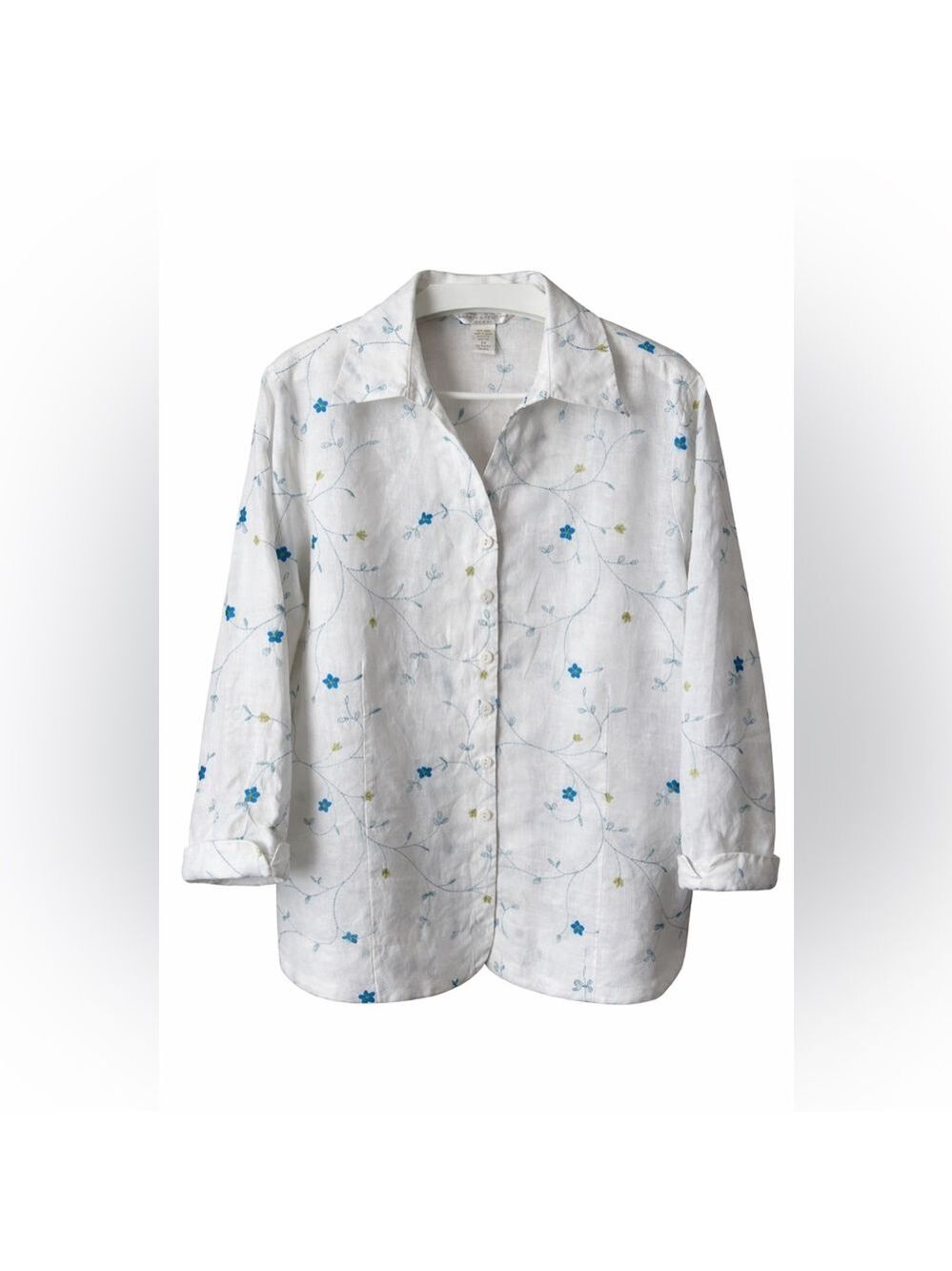 Sarah Spencer 100% Linen Embroidered Floral Button Front Shirt 2X White Blue